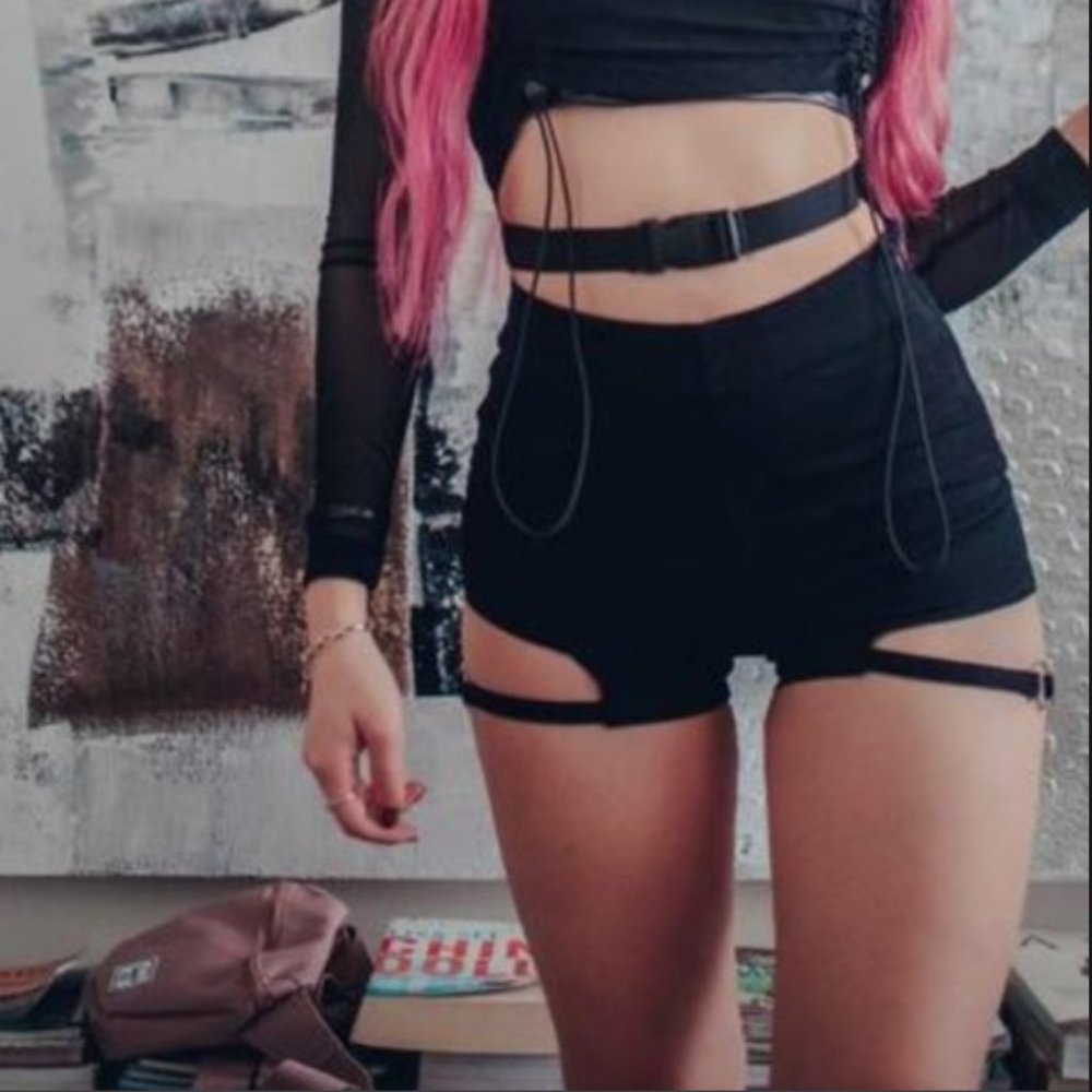 Lychee The Label Truffle Side Strap Thigh Cut Out Shorts in Black, Size Small